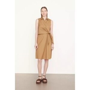 Vince Sleeveless Collared Wrap Dress Camel Tan Button Waist Tie Midi Size 6